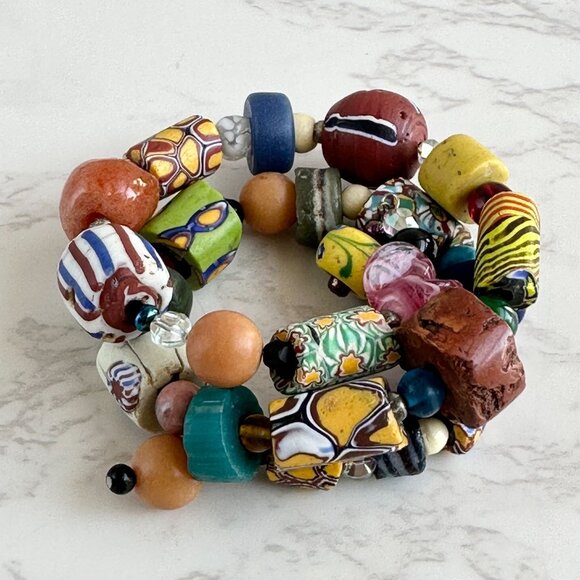 Venetian Millefiori Beads, African Trade Beads, Gemstone Memory Wire Bracelet - Picture 1 of 12